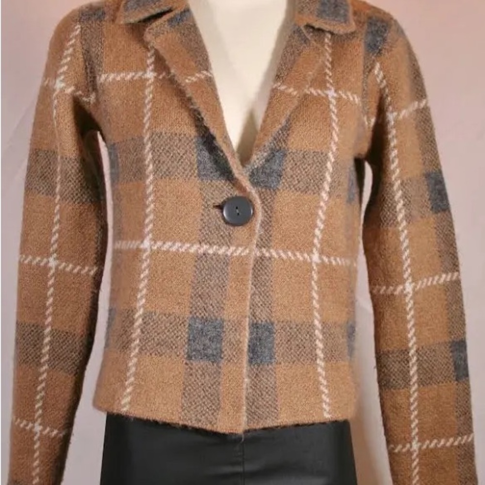 Christian Soriano L Cardigan Sweater Jacket Plaid Tan & Grey Excellent Condition